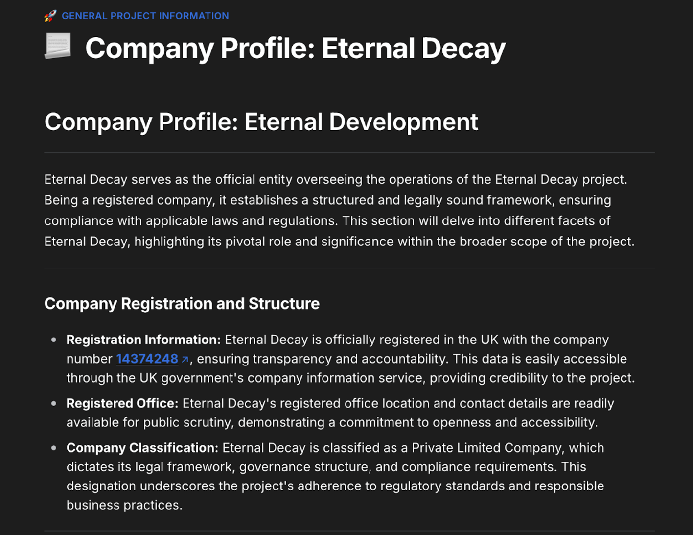  From the Eternal Decay Gitbook linking to a company with a similar name on Companies House.